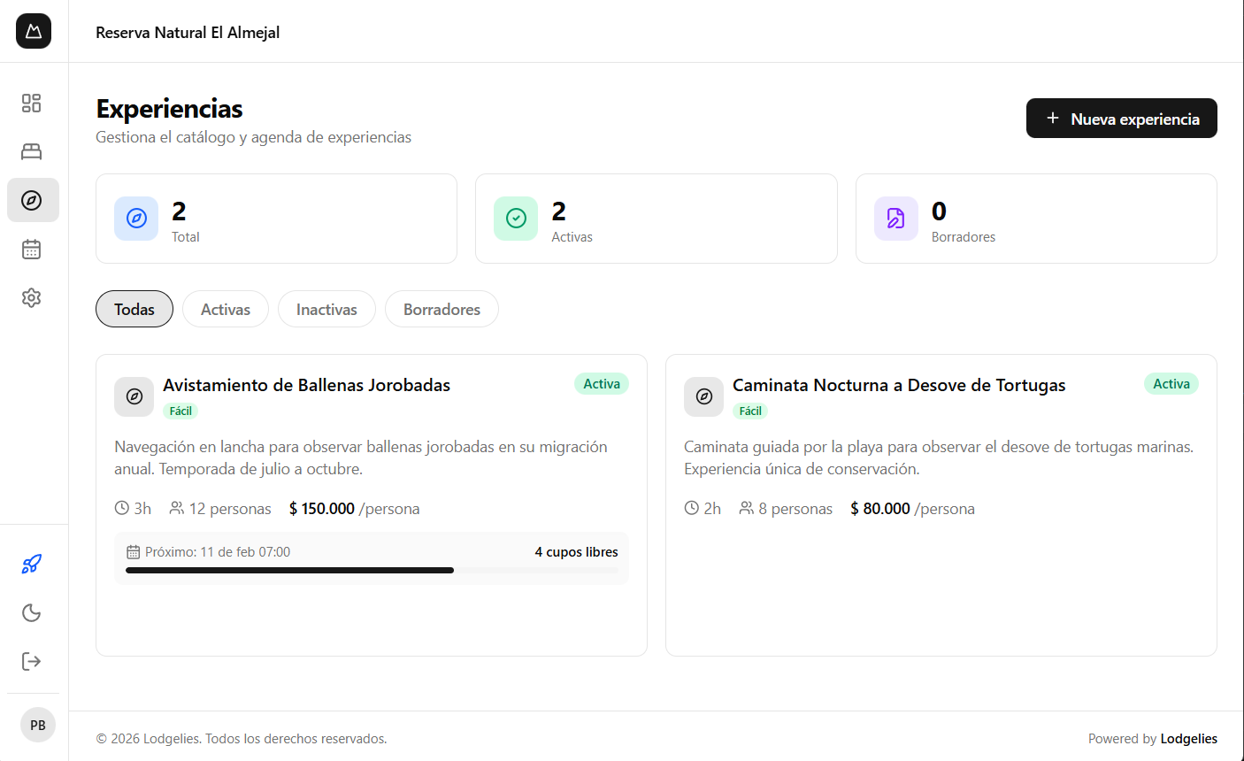 Experiences view in Lodgelys